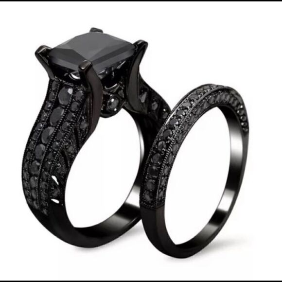 Black Grey CZ Diamond Engagement Bridal Wedding Band - Picture 3 of 8